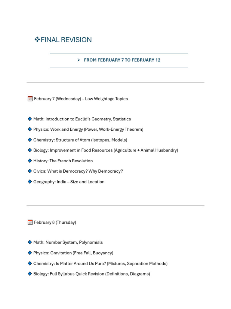 Study Plan: Final Revision Schedule | PDF