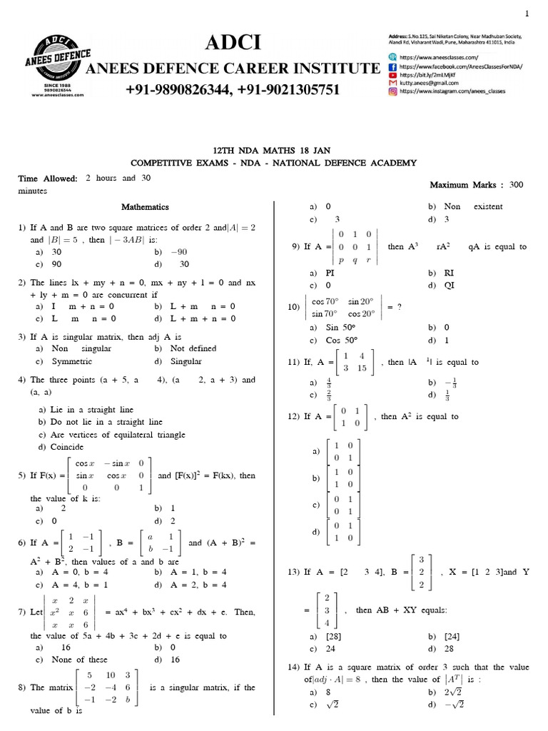 NDA Maths Exam Questions January 2023 | PDF | Ellipse | Euclidean Geometry