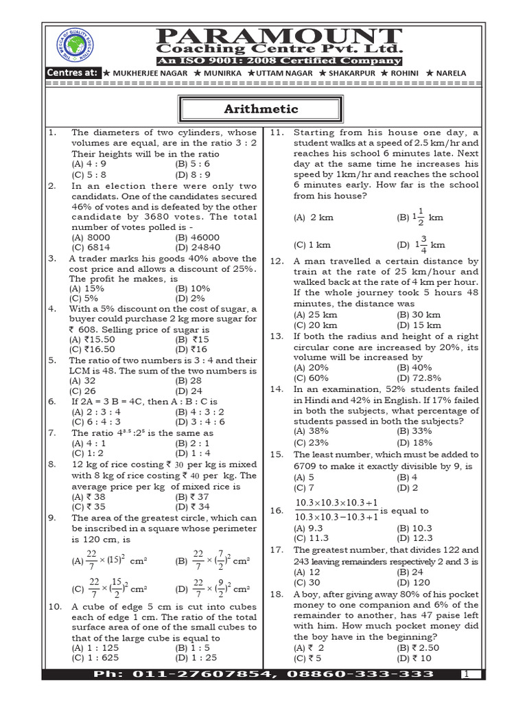 Arithmetic Problem Set for Competitive Exams | PDF | Interest | Area