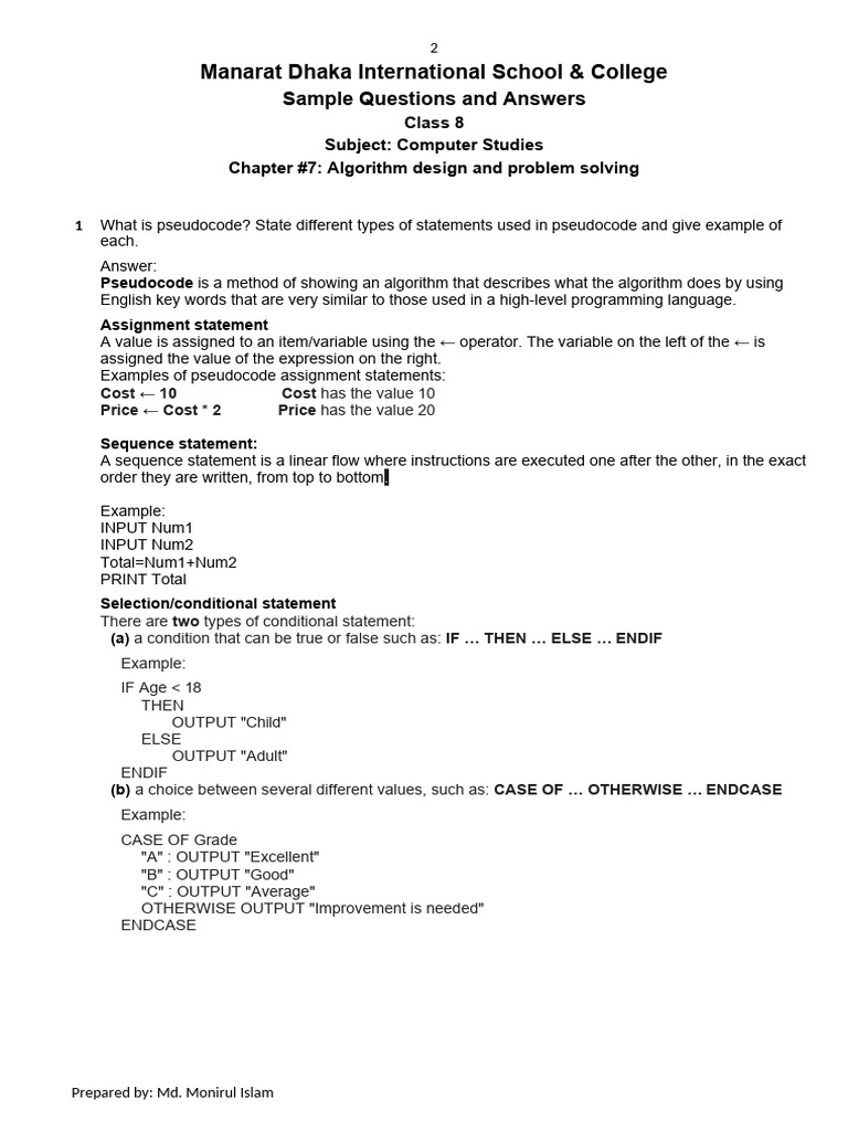 Class 8 Computer Studies Pseudocode Guide | PDF | Algorithms ...