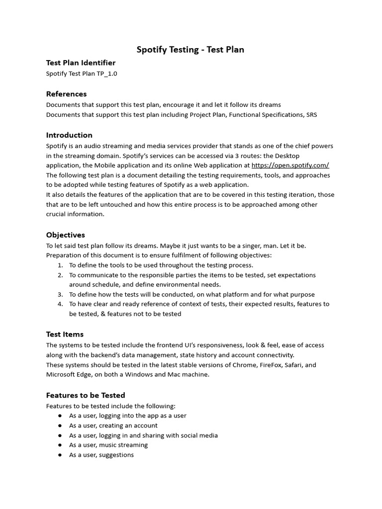 Spotify Web App Test Plan Overview | PDF | Software Testing | Software ...