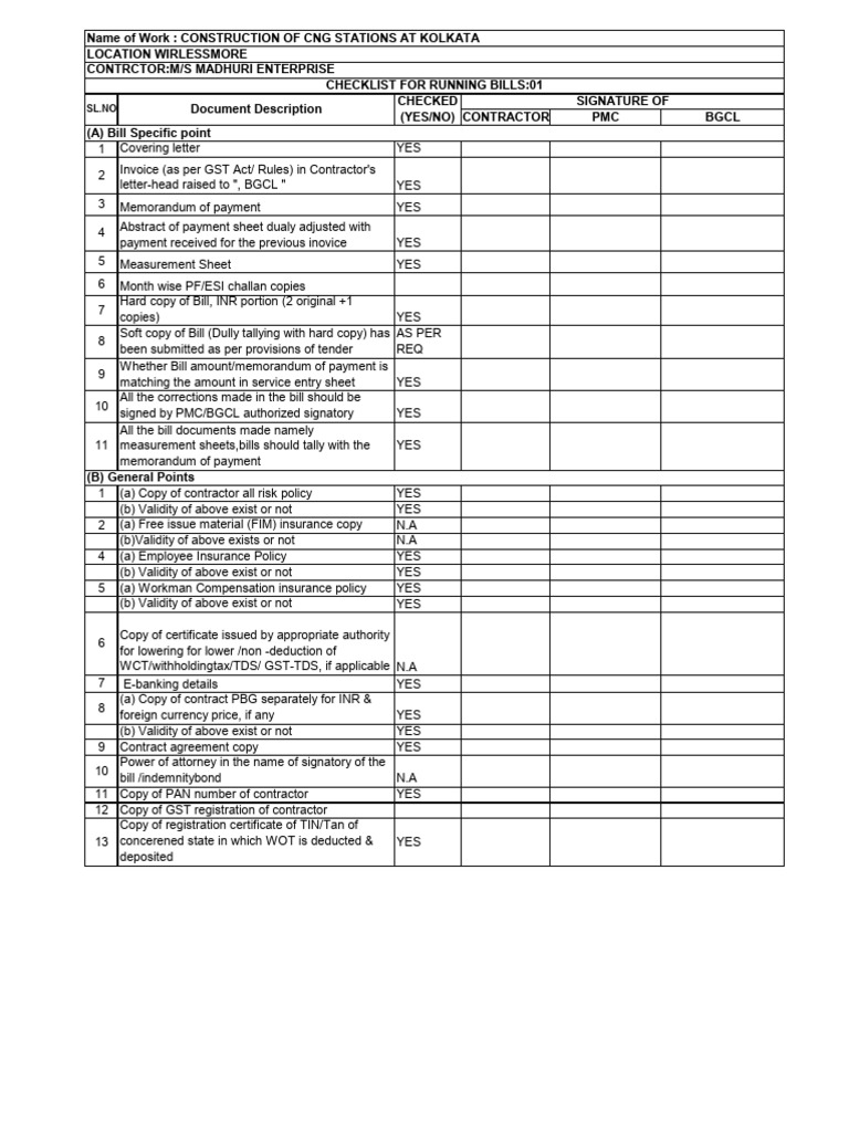 CNG Station Construction RA Bill Checklist | PDF | Concrete | Building ...