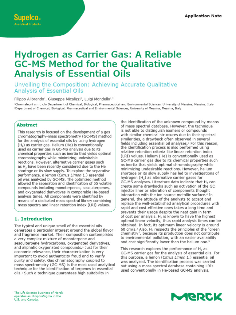 Hydrogen in GC-MS for Essential Oils | PDF | Gas Chromatography–Mass ...