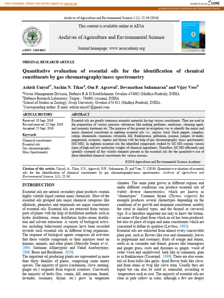 Essential Oils Analysis by GC/MS | PDF | Gas Chromatography | Gas ...