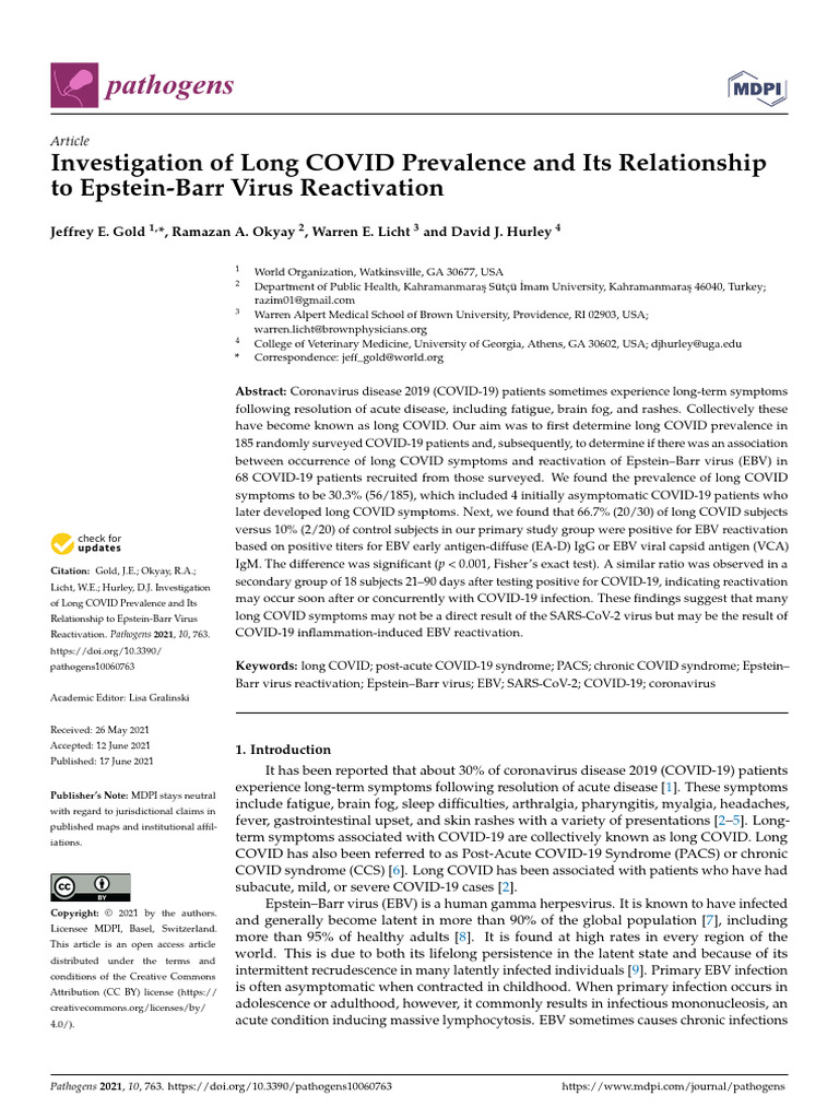 Investigation of Long COVID Prevalence and Its Relationship To Epstein ...