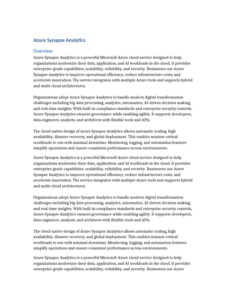 Azure Synapse Analytics Overview | PDF | Cloud Computing | Microsoft Azure