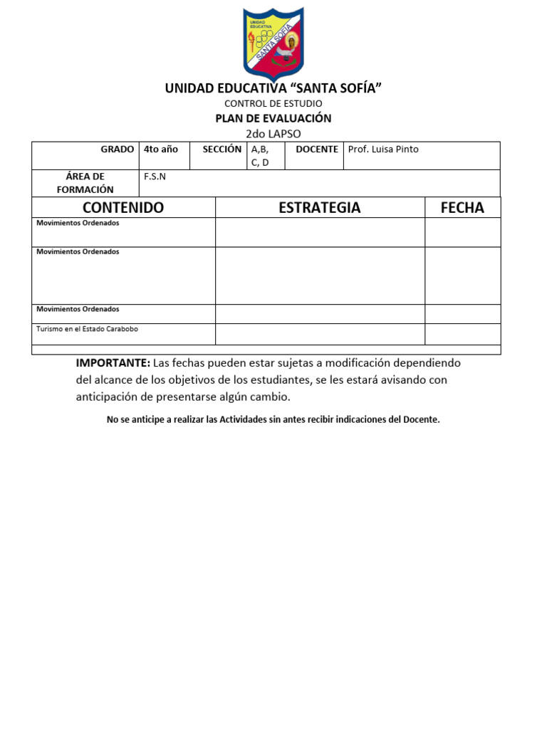 Plan de Evaluación 4to Año Santa Sofía | PDF