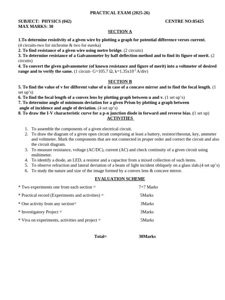 Physics Practical Exam Guidelines 2025-26 | PDF | Electrical Network ...