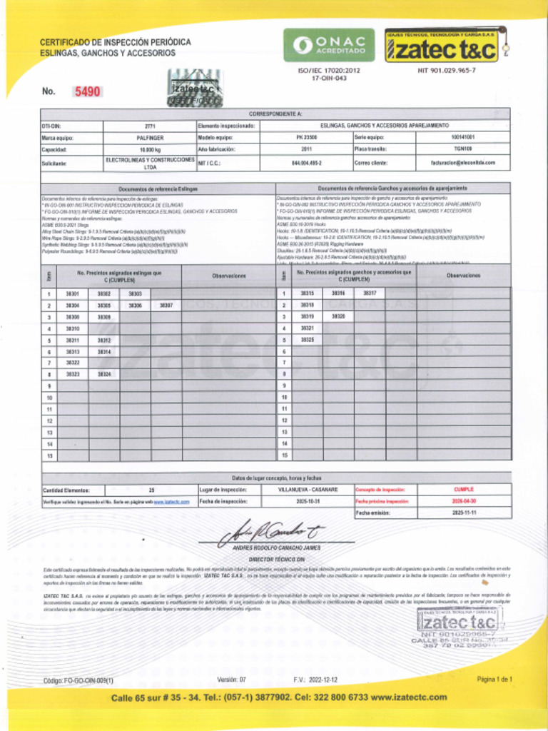 Certificado 5490 Oti Oin 2771 Eslinga 1000141001 Electrolineas ...