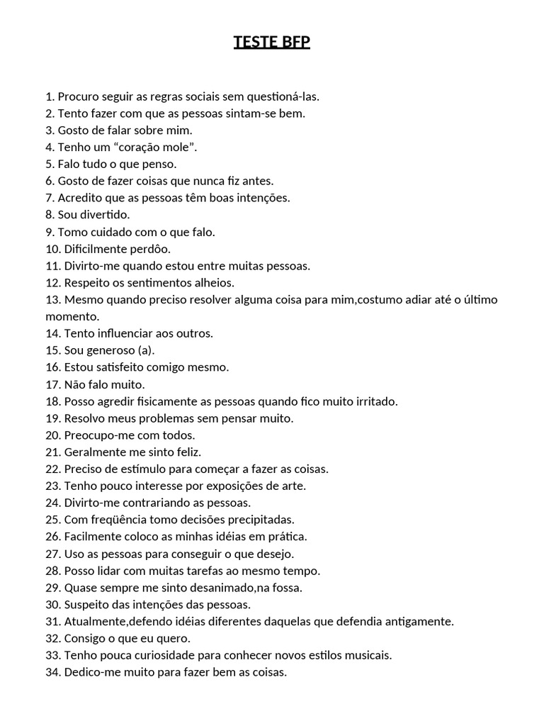 Teste de Personalidade BFP: Reflexões e Comportamentos | PDF | Cognição ...