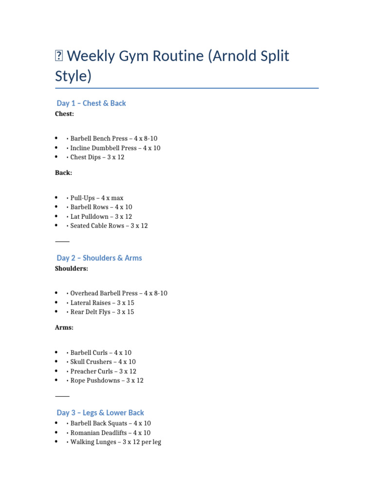 Arnold Split Weekly Gym Routine | PDF