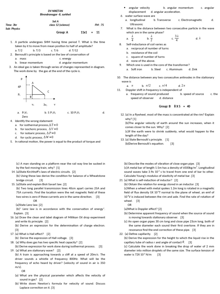 Class 12 Physics Exam Questions Set A & B | PDF | Waves | Inductor