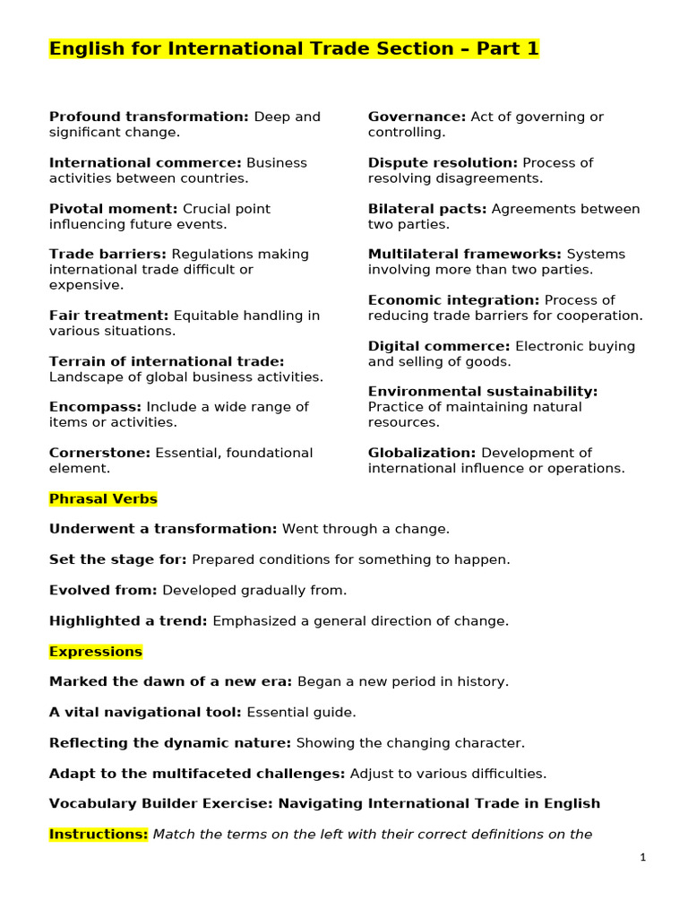 Vocabulary for International Trade English | PDF | Commerce | English ...