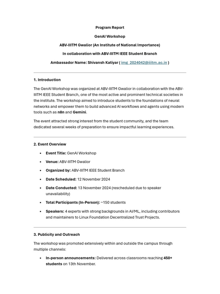 GenAI Workshop Report at ABV-IIITM | PDF | Artificial Intelligence ...