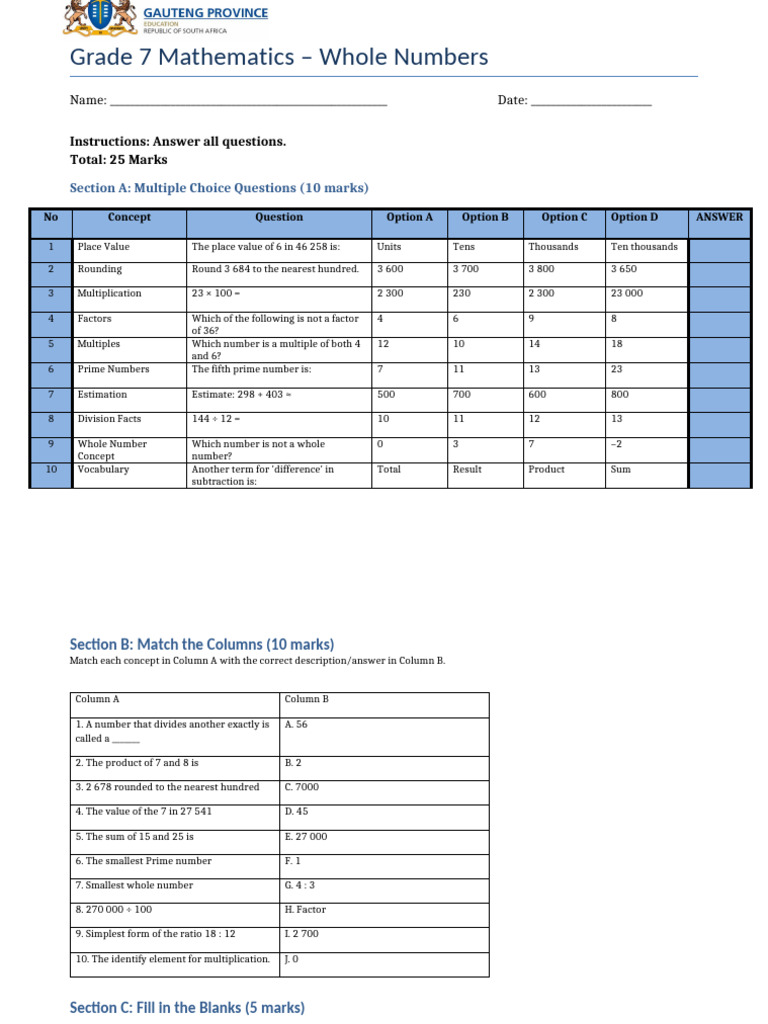 Grade 7 Whole Numbers Math Test | PDF | Prime Number | Numbers