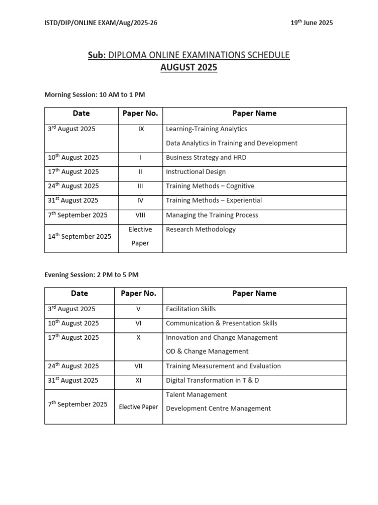 August 2025 Diploma Exam Schedule | PDF