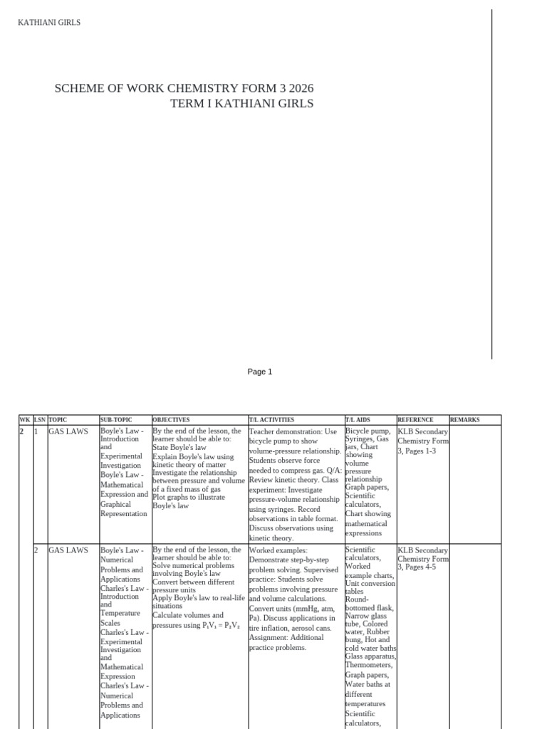 Chemistry Form 3 Scheme of Work 2026 | PDF | Alkene | Chemistry