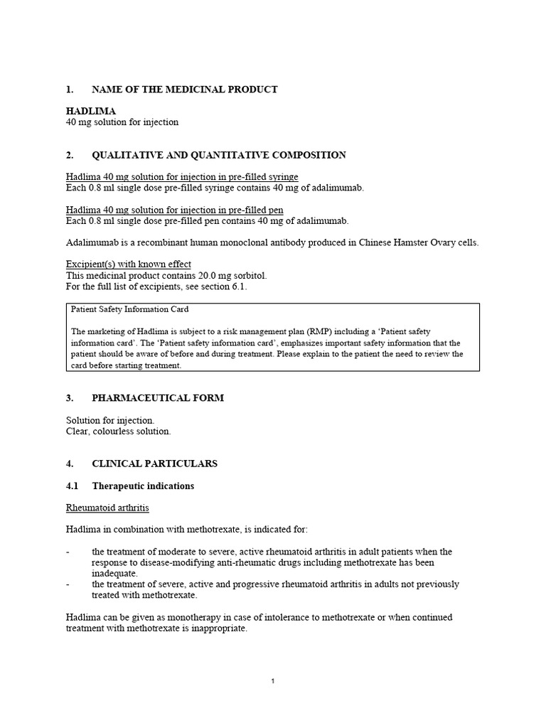 Hadlima 40 mg Injection Overview | PDF | Tuberculosis | Hepatitis B