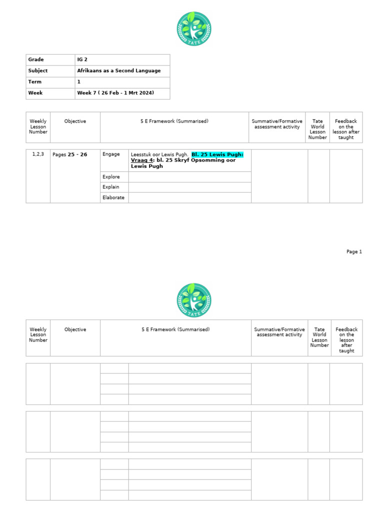 Afrikaans Lesson Plan Week 7 2024 | PDF