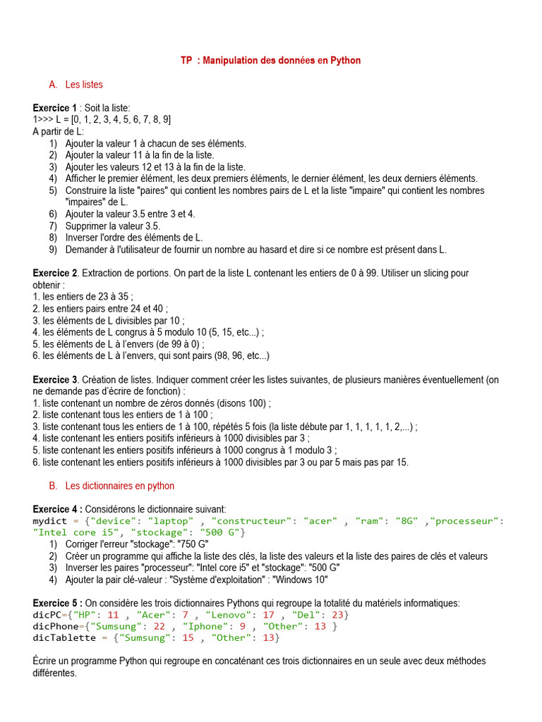 Manipulation de listes et dictionnaires en Python | PDF | Informatique ...