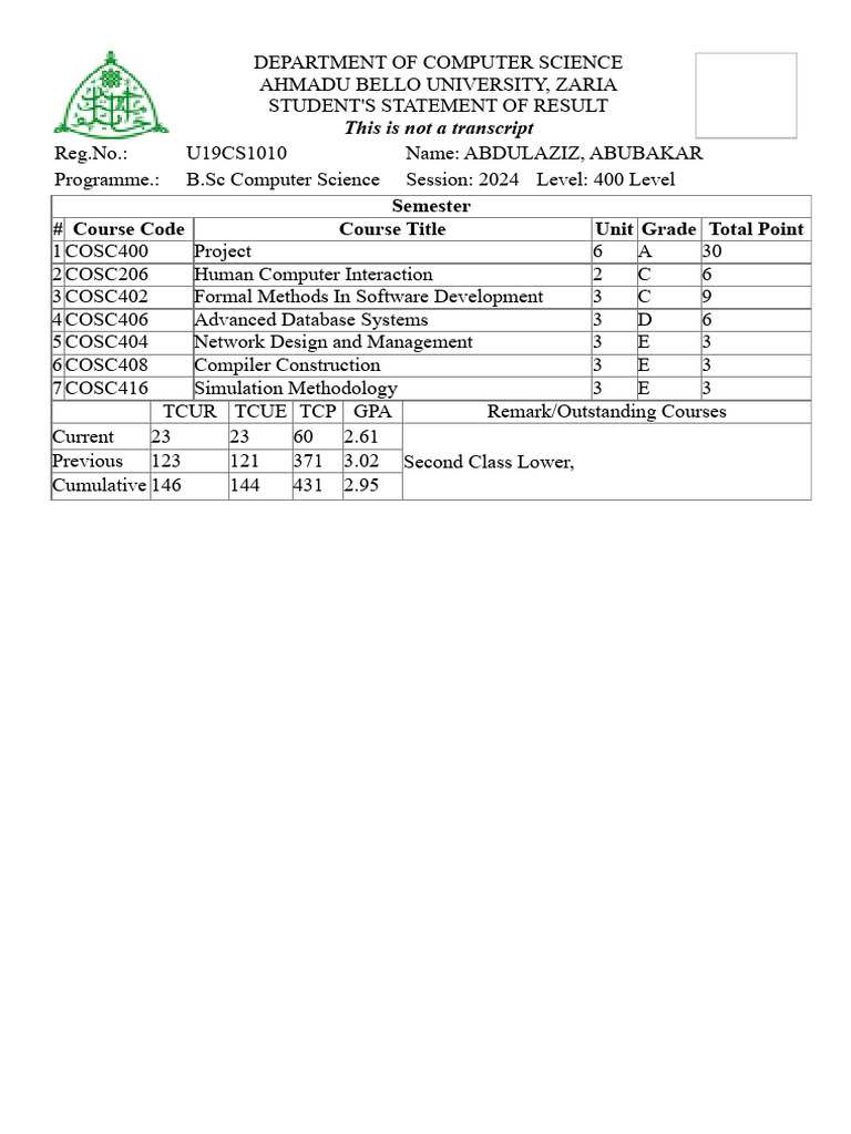 Student Result for B.Sc Computer Science | PDF