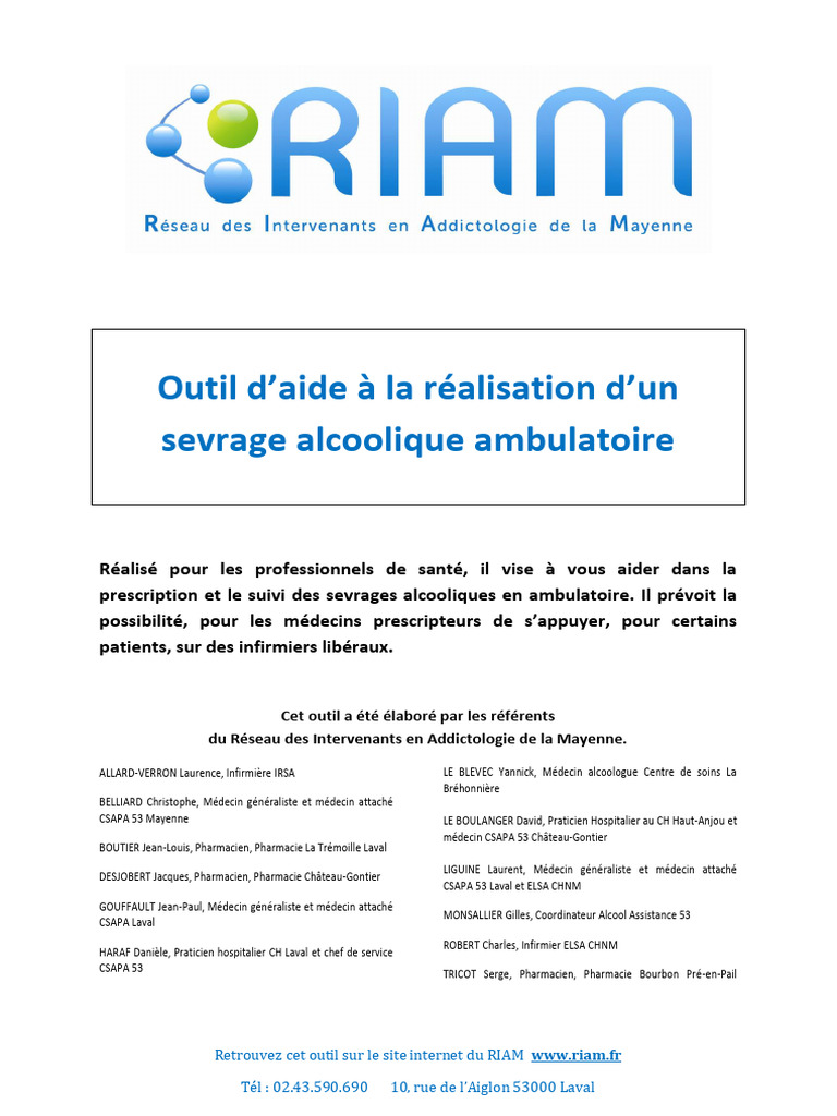 Outil de sevrage alcoolique ambulatoire | PDF | Sevrage (toxicologie ...