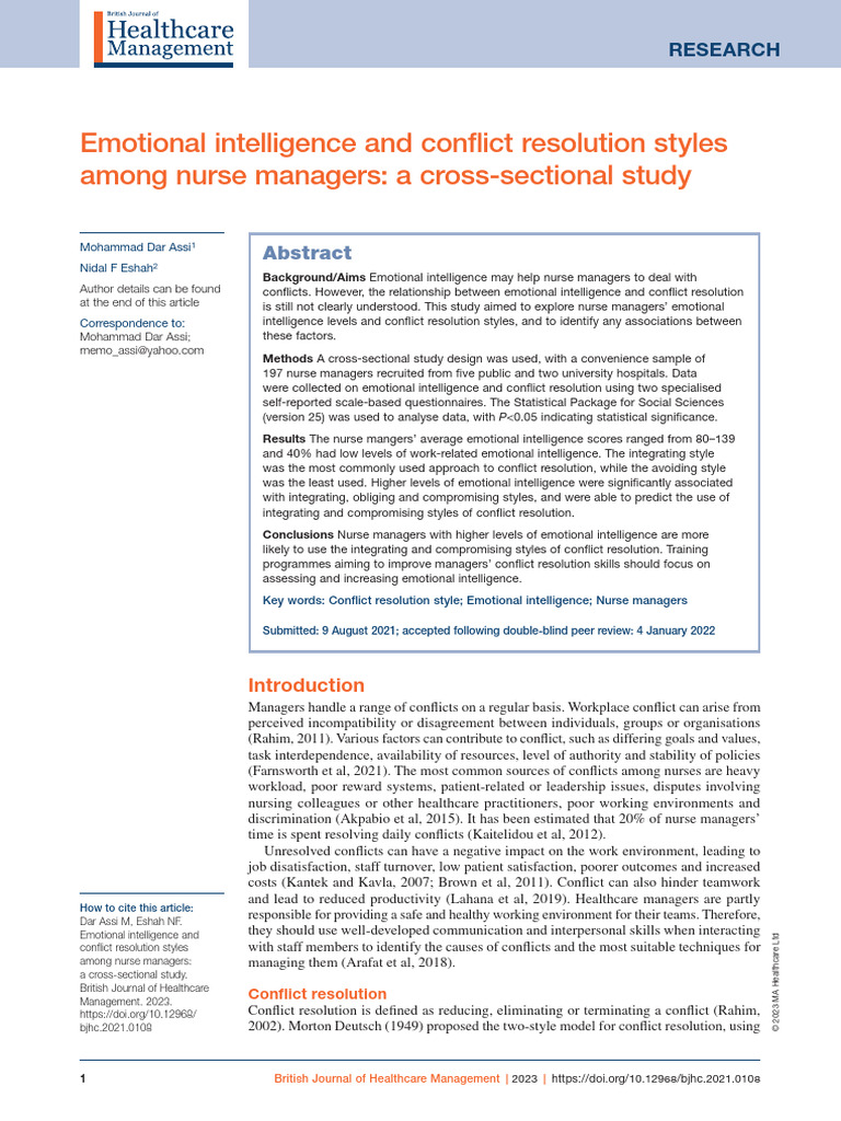 Emotional Intelligence in Nurse Managers | PDF | Psychology ...