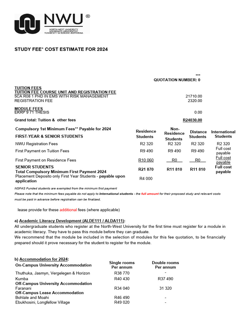 2024 NWU Study Fee Estimate Guide | PDF | Pro Forma