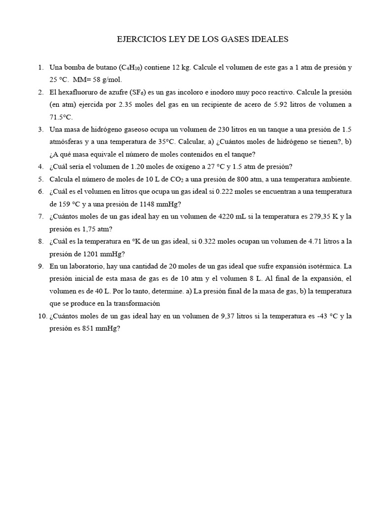 Ejercicios Ley de Los Gases Ideales | PDF