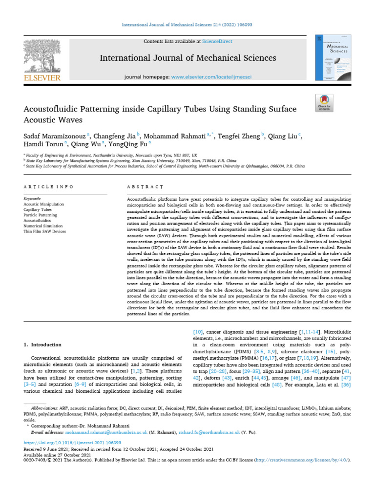 Acoustofluidic Patterning in Capillary Tubes | PDF | Waves | Viscosity