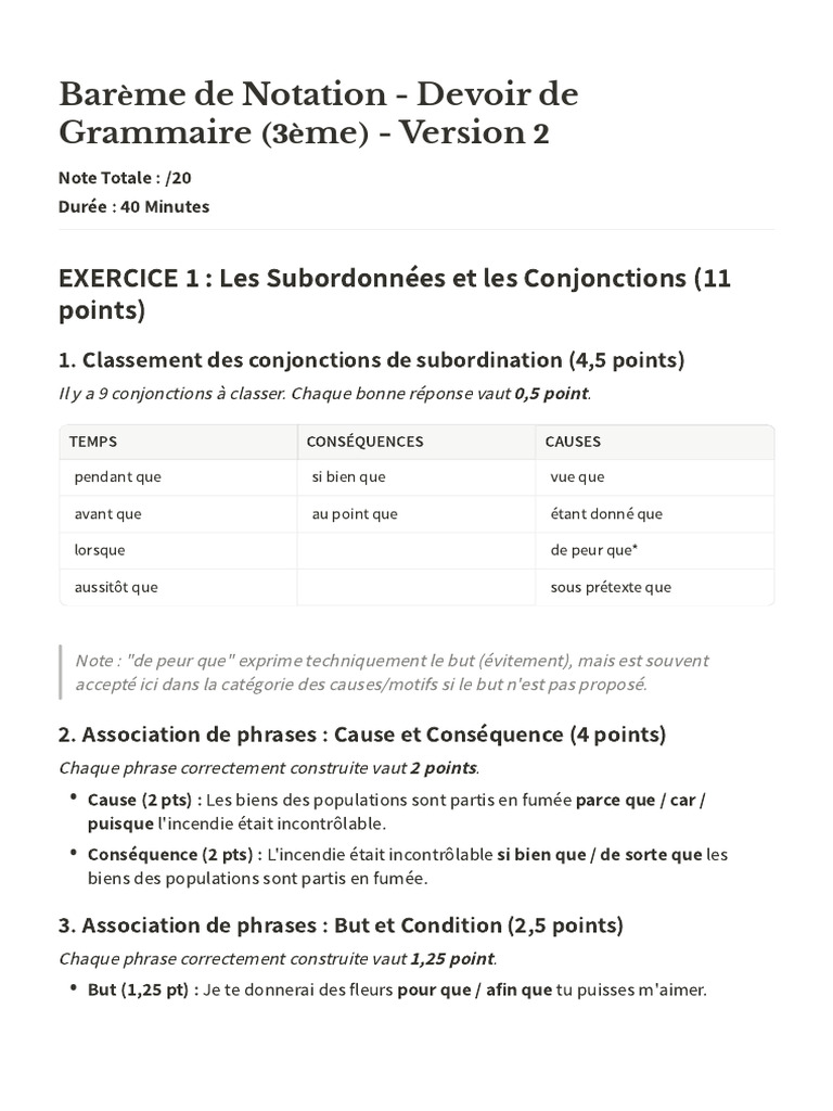 Barème de Notation - Devoir Grammaire 3ème | PDF | Unités sémantiques ...