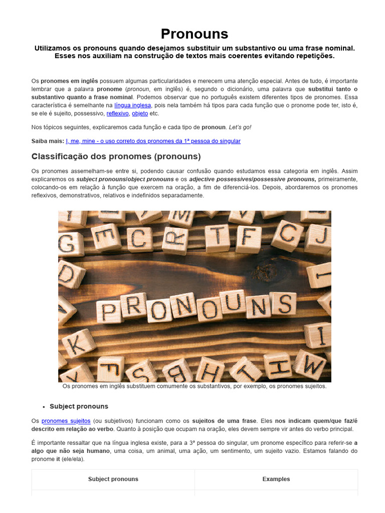Guia Completo sobre Pronomes em Inglês | PDF | Pronome | Assunto ...