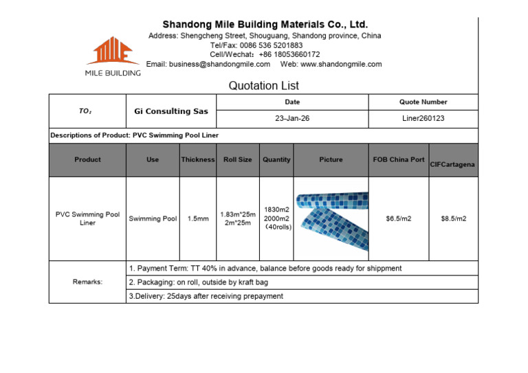 Quotation - PVC Swimming Pool Liner 260123 | PDF