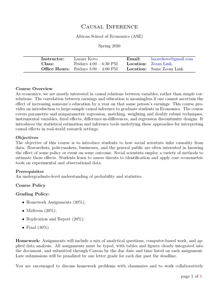 Causal Inference Course Overview 2026 | PDF | Econometrics | Statistics