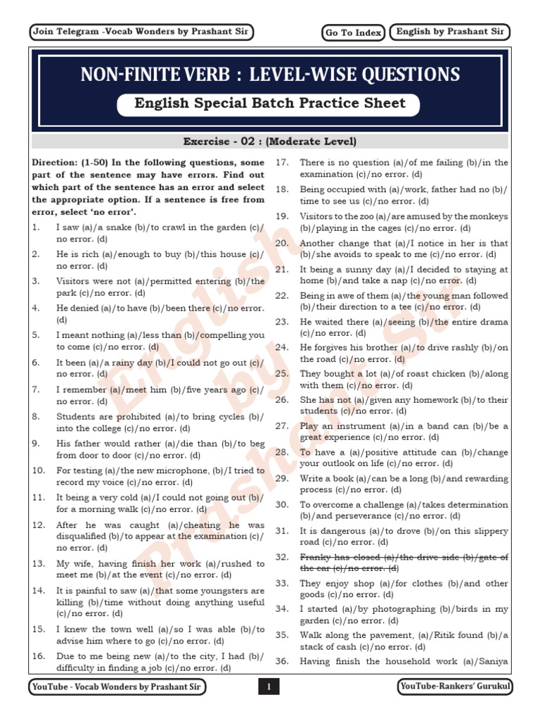 18 Non Finite Verb Non Finite Verb Moderate Level Practi??? ???? | PDF ...