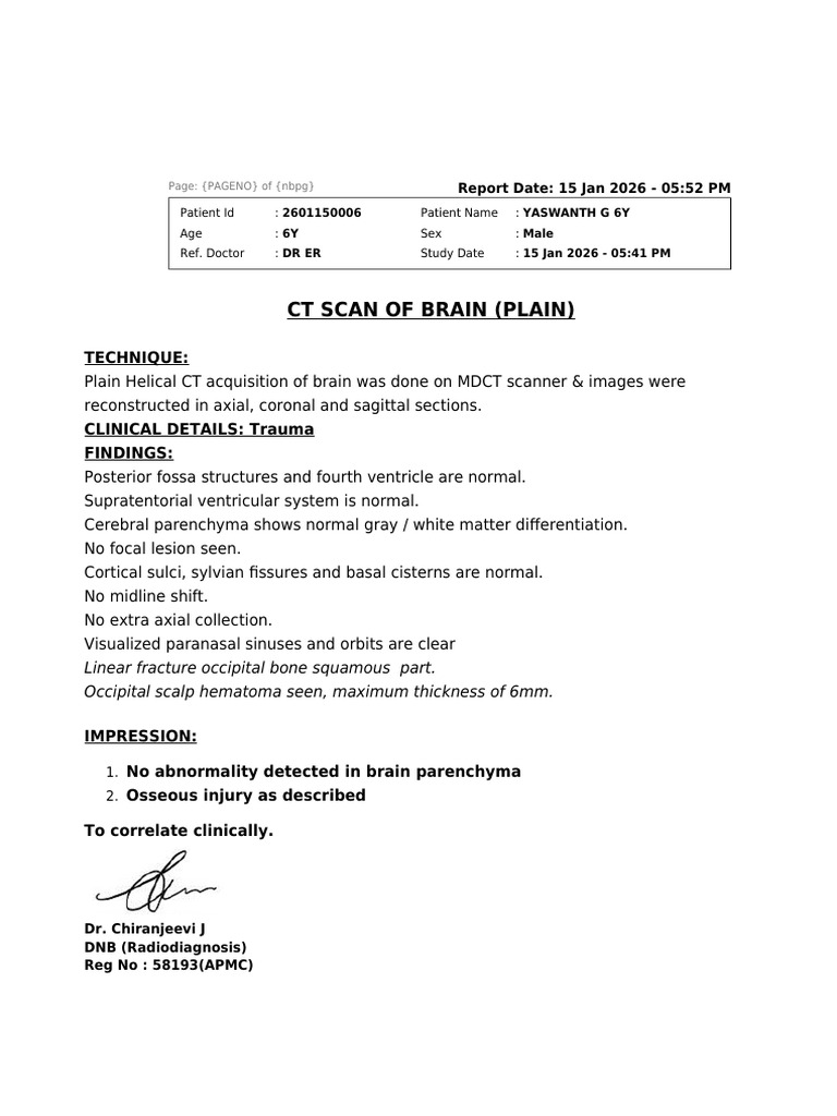 CT Brain Scan Report for Trauma | PDF