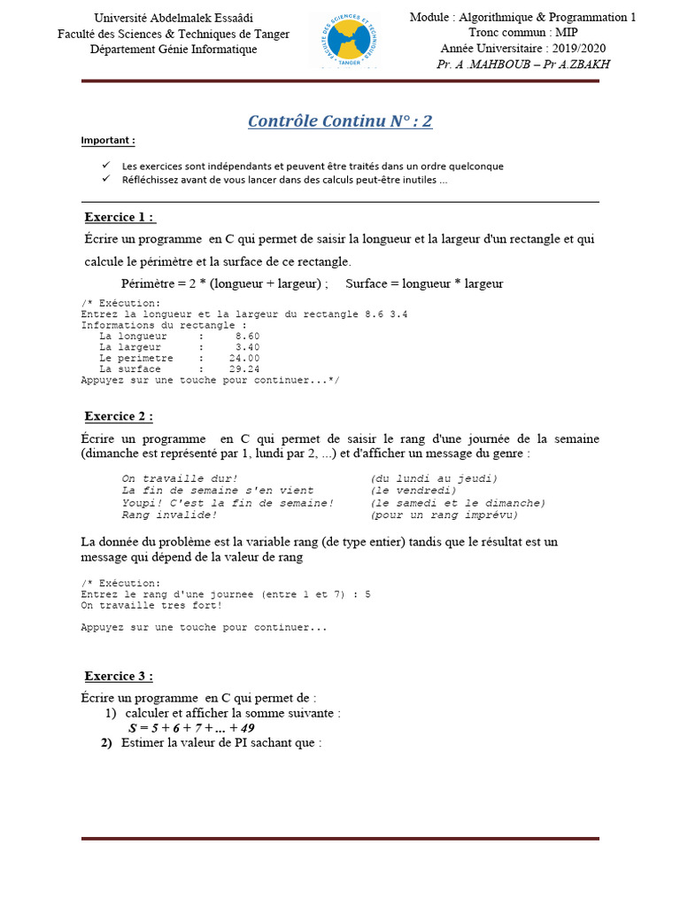 Exercices de Programmation en C 2019/2020 | PDF