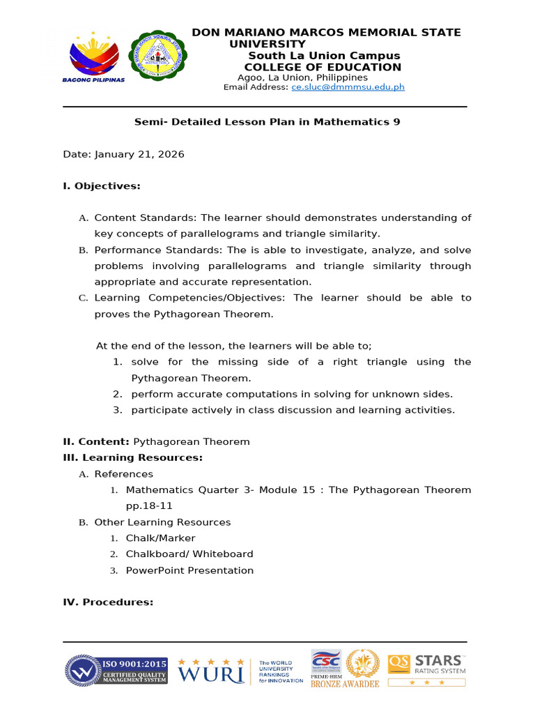 Mathematics 9 Lesson Plan: Pythagorean Theorem | PDF | Mathematics ...
