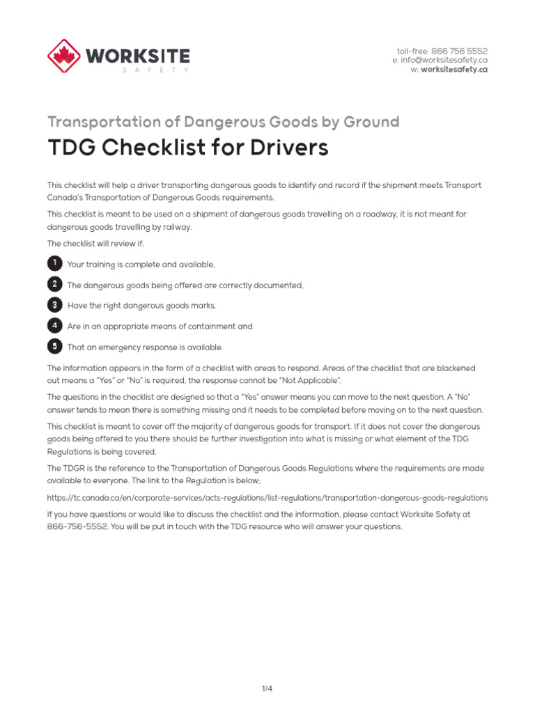 TDG Driver Checklist for Safe Transport | PDF | Dangerous Goods | Safety