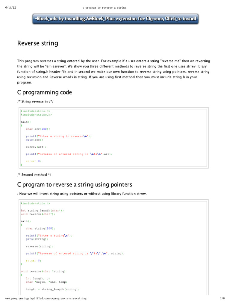 C Program To Reverse A String | PDF