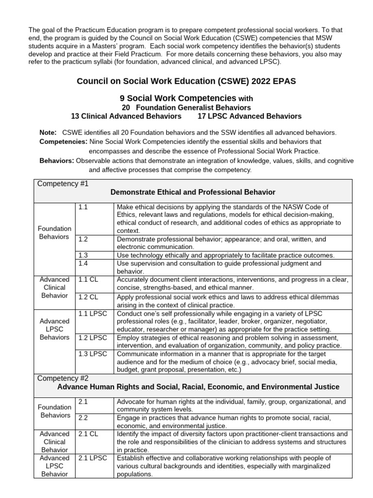 Social Work Practicum Competencies Guide | PDF | Policy | System