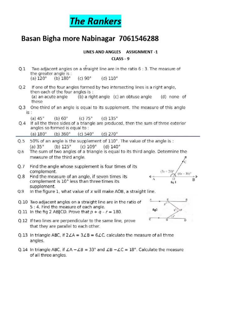 Class 9 Lines and Angles Assignment | PDF