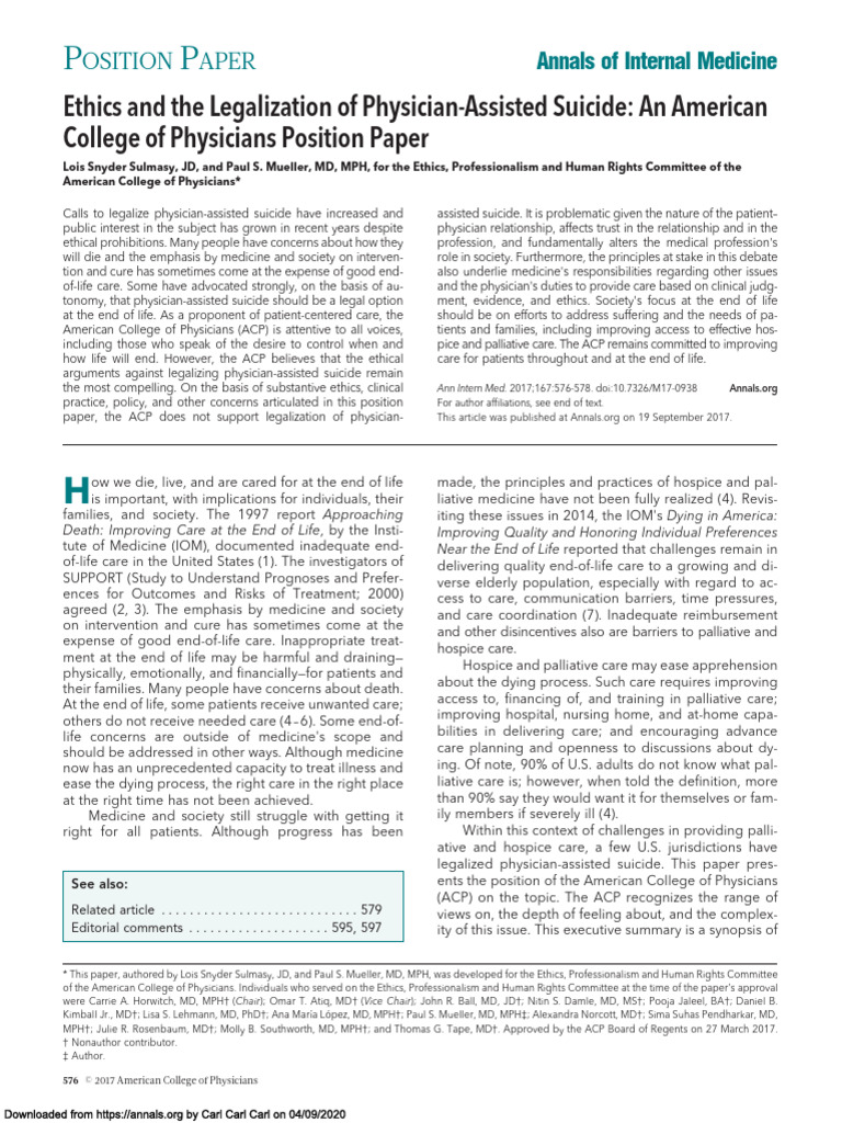 ACP Position on Physician-Assisted Suicide | PDF | End Of Life Care ...