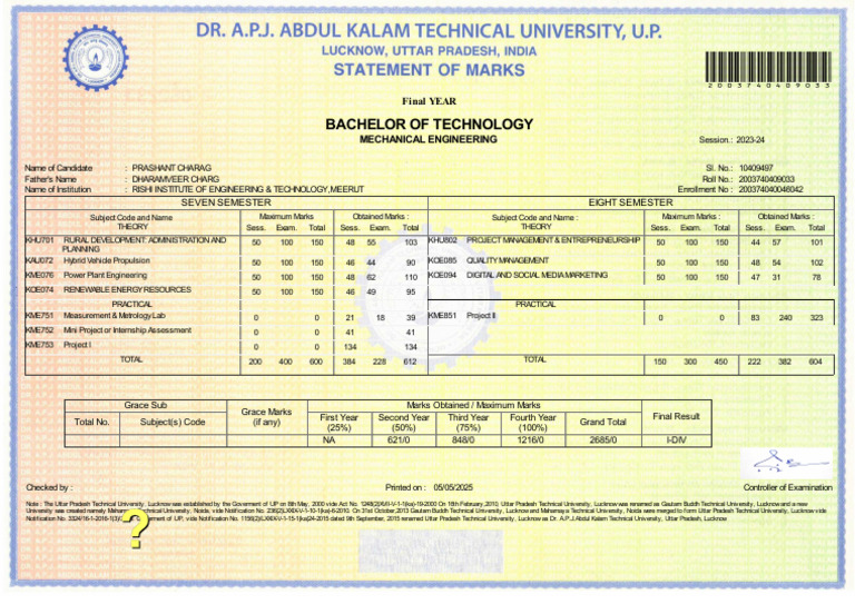 Mechanical Engineering Final Year Results | PDF | Engineering