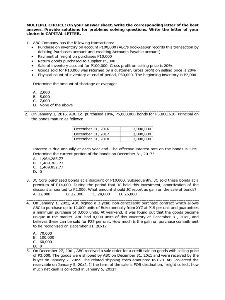 Accounting Multiple Choice Questions | PDF | Equity (Finance) | Investing