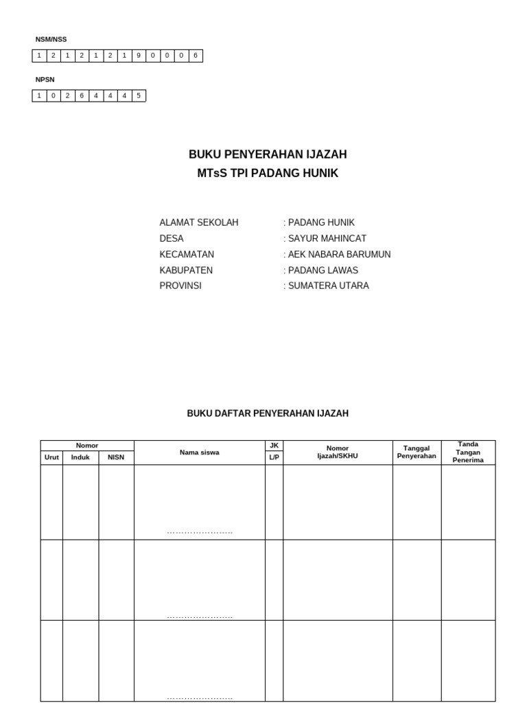 Buku Penyerahan Ijazah MTsS TPI Padang Hunik | PDF