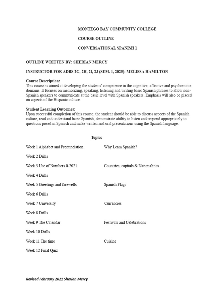 Conversational Spanish 1 Outline (New) | PDF | Spanish Language ...