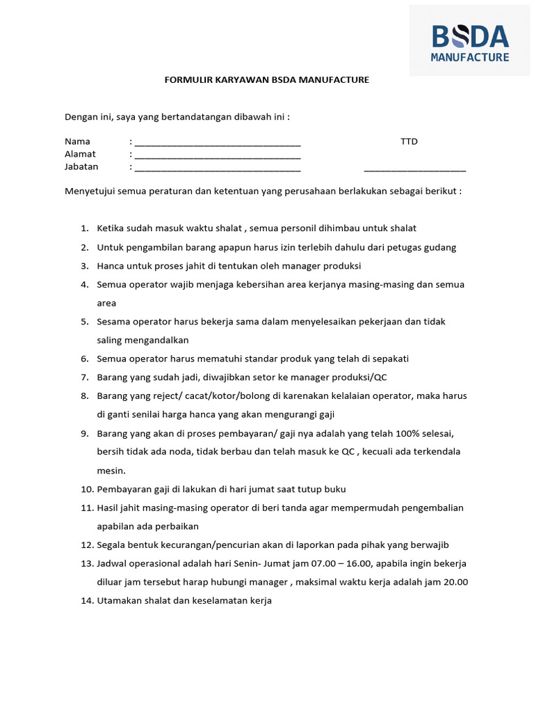 Formulir Peraturan Karyawan BSDA | PDF