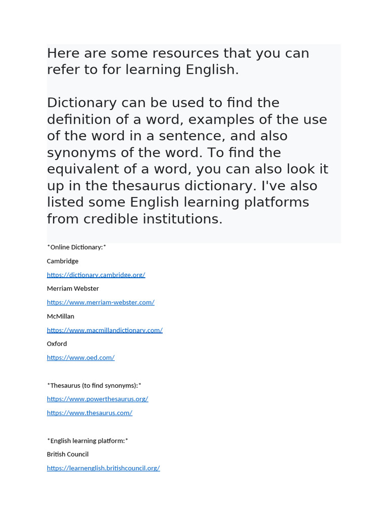 Essential Resources for Learning English | PDF