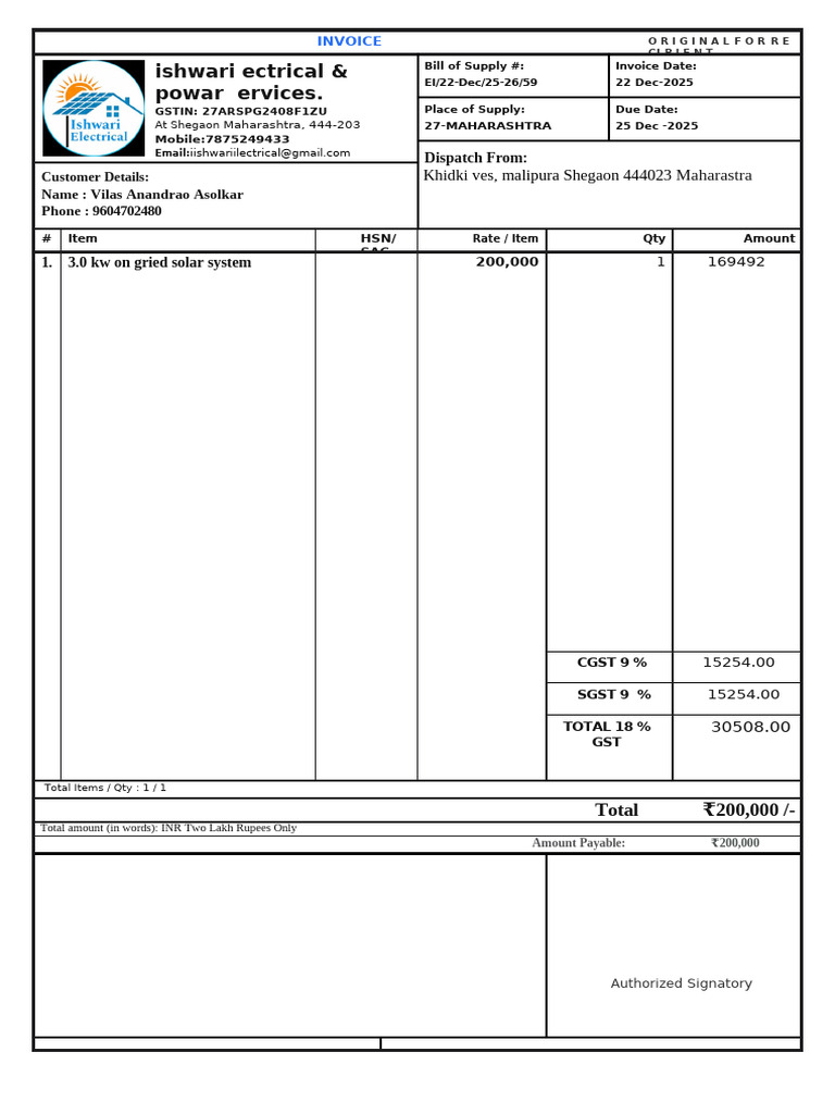 Solar System Invoice for Client | PDF